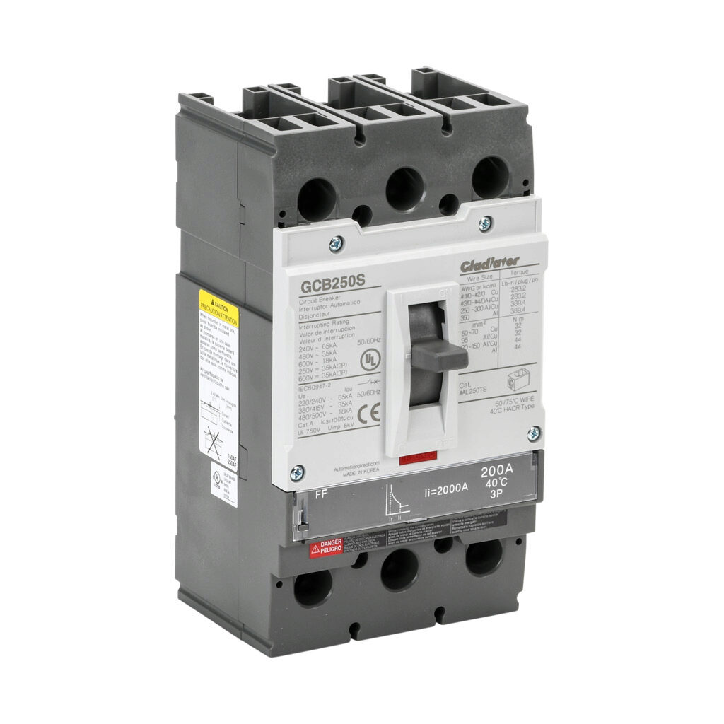 GCB250S-3FF200LL - Gladiator molded case circuit breaker, 250A frame, 200A, 600 VAC/VDC, 3-pole, characteristics, fixed thermal/fixed magnetic, 35kA @ 480 VAC interrupting rating, panel mount. Line and load lug terminals included.