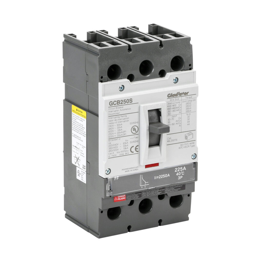 GCB250S-3FF225LL - Gladiator molded case circuit breaker, 250A frame, 225A, 600 VAC/VDC, 3-pole, characteristics, fixed thermal/fixed magnetic, 35kA @ 480 VAC interrupting rating, panel mount. Line and load lug terminals included.