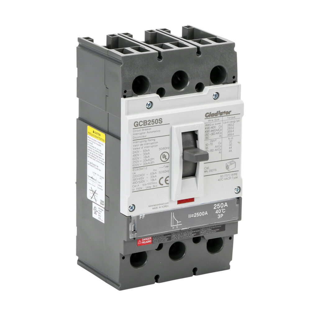 GCB250S-3FF250LL - Gladiator molded case circuit breaker, 250A frame, 250A, 600 VAC/VDC, 3-pole, characteristics, fixed thermal/fixed magnetic, 35kA @ 480 VAC interrupting rating, panel mount. Line and load lug terminals included.