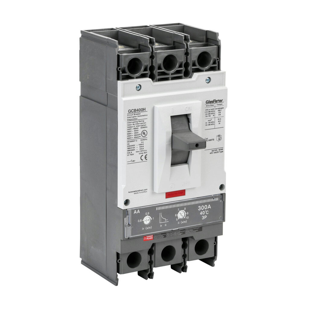 GCB400H-3AA300LL - Gladiator molded case circuit breaker, 400A frame, 300A, 600 VAC/VDC, 3-pole, characteristics, adjustable thermal/adjustable magnetic, 65kA @ 480 VAC interrupting rating, panel mount. Line and load lug terminals and terminal cov...