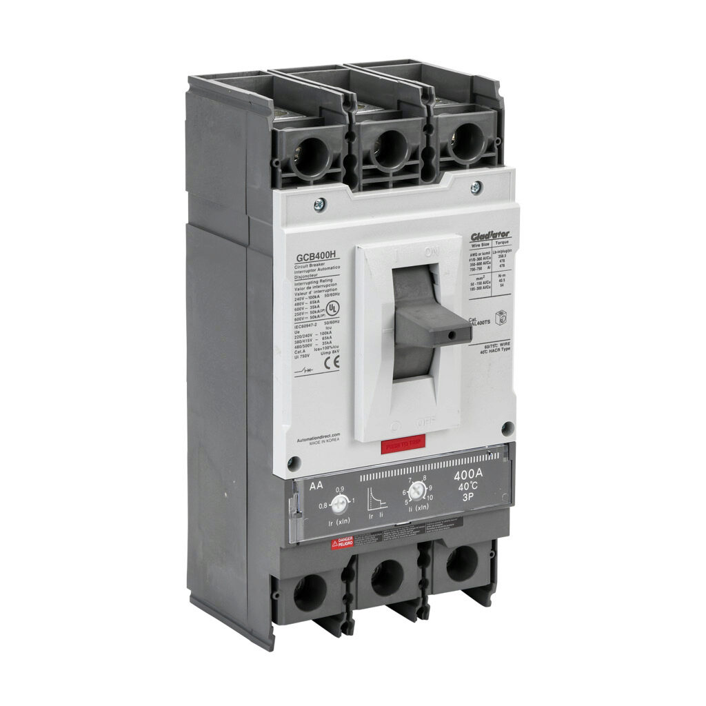 GCB400H-3AA400LL - Gladiator molded case circuit breaker, 400A frame, 400A, 600 VAC/VDC, 3-pole, characteristics, adjustable thermal/adjustable magnetic, 65kA @ 480 VAC interrupting rating, panel mount. Line and load lug terminals and terminal cov...