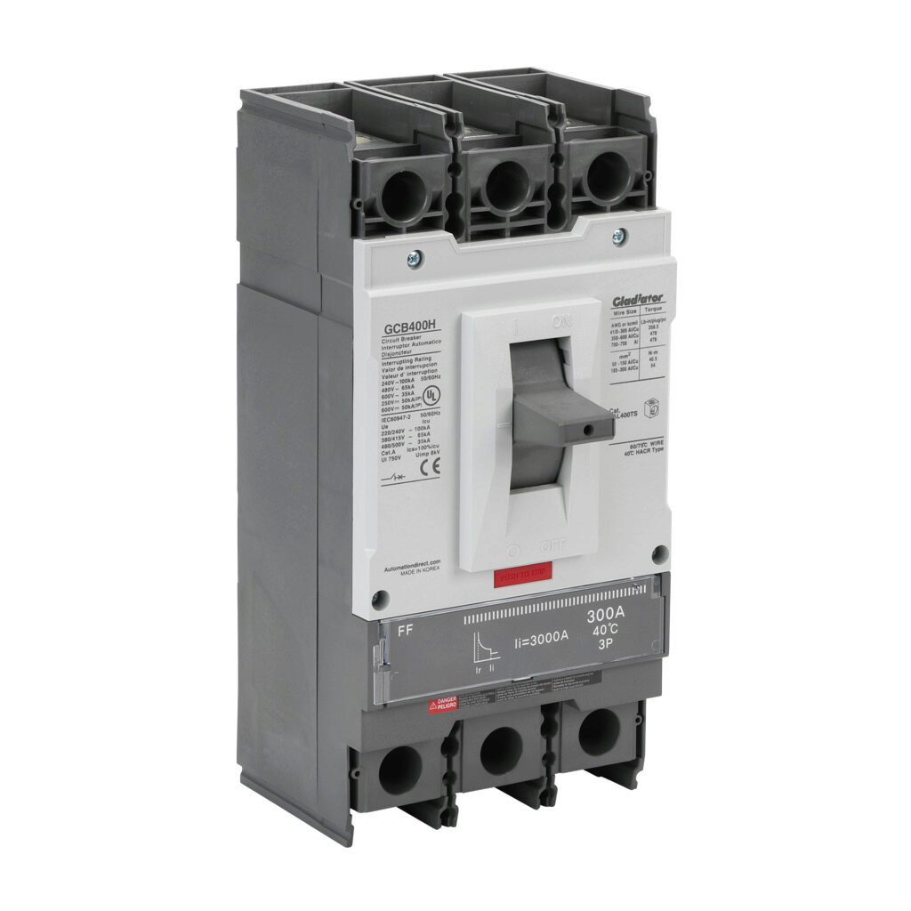 GCB400H-3FF300LL - Gladiator molded case circuit breaker, 400A frame, 300A, 600 VAC/VDC, 3-pole, characteristics, fixed thermal/fixed magnetic, 65kA @ 480 VAC interrupting rating, panel mount. Line and load lug terminals and terminal covers included.