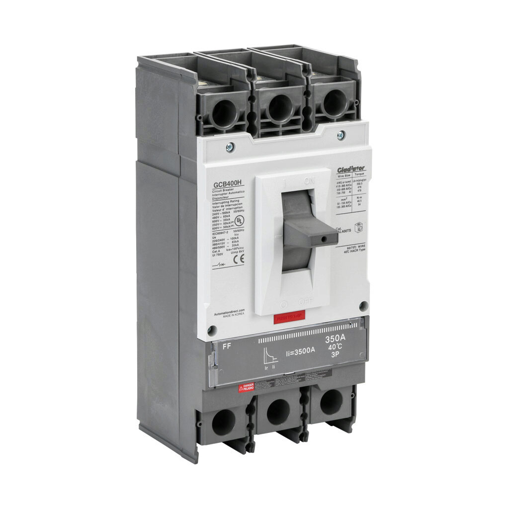 GCB400H-3FF350LL - Gladiator molded case circuit breaker, 400A frame, 350A, 600 VAC/VDC, 3-pole, characteristics, fixed thermal/fixed magnetic, 65kA @ 480 VAC interrupting rating, panel mount. Line and load lug terminals and terminal covers included.