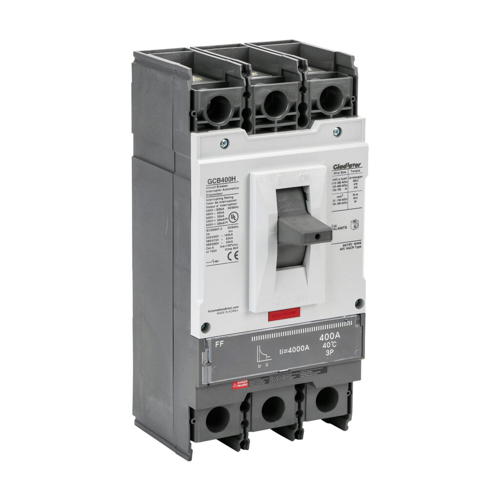 GCB400H-3FF400LL - Gladiator molded case circuit breaker, 400A frame, 400A, 600 VAC/VDC, 3-pole, characteristics, fixed thermal/fixed magnetic, 65kA @ 480 VAC interrupting rating, panel mount. Line and load lug terminals and terminal covers included.