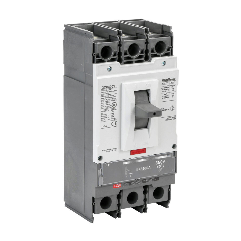 GCB400S-3FF350LL - Gladiator molded case circuit breaker, 400A frame, 350A, 600 VAC/VDC, 3-pole, characteristics, fixed thermal/fixed magnetic, 35kA @ 480 VAC interrupting rating, panel mount. Line and load lug terminals and terminal covers included.