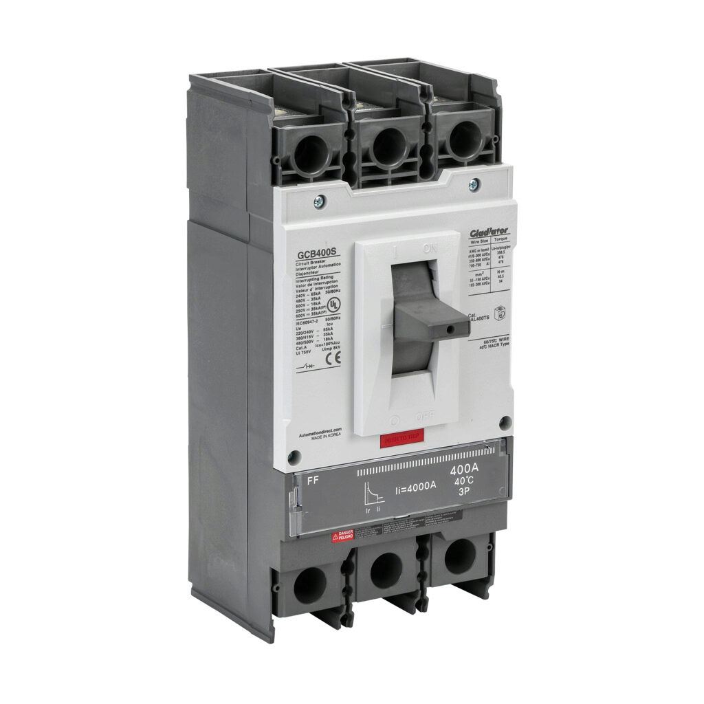 GCB400S-3FF400LL - Gladiator molded case circuit breaker, 400A frame, 400A, 600 VAC/VDC, 3-pole, characteristics, fixed thermal/fixed magnetic, 35kA @ 480 VAC interrupting rating, panel mount. Line and load lug terminals and terminal covers included.