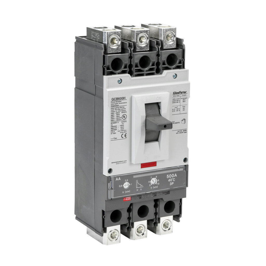 GCB600H-3AA500LL - Gladiator molded case circuit breaker, 600A frame, 500A, 600 VAC/VDC, 3-pole, characteristics, adjustable thermal/adjustable magnetic, 65kA @ 480 VAC interrupting rating, panel mount. Line and load lug terminals and terminal cov...