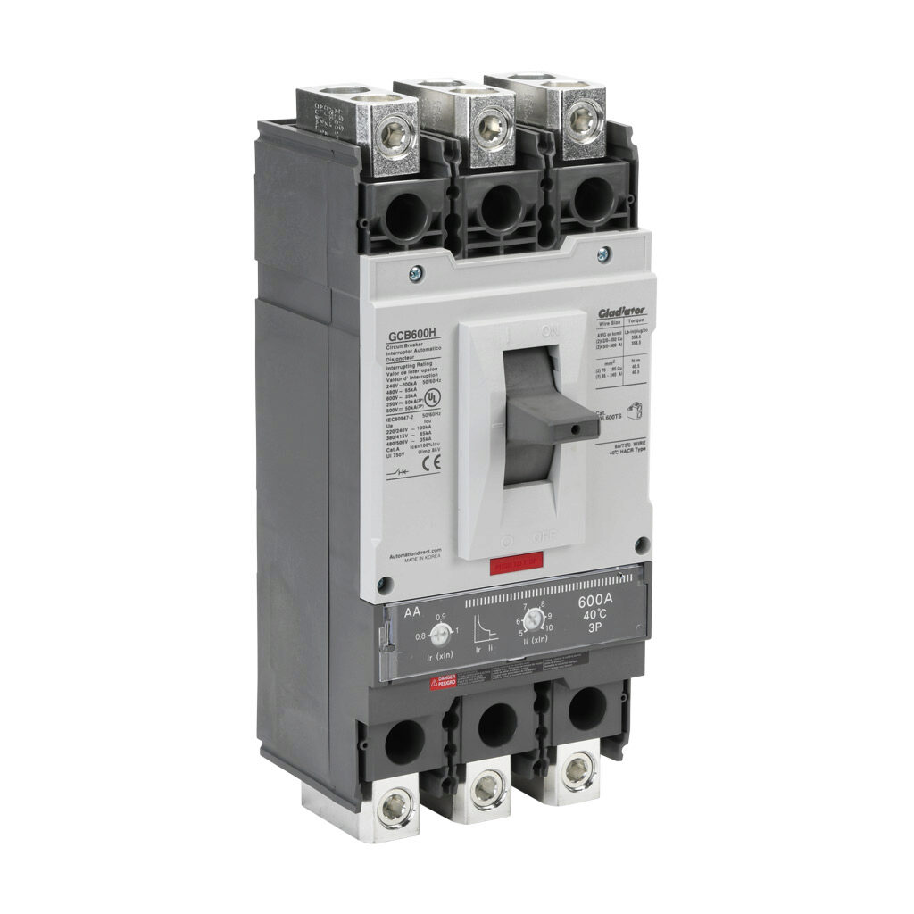GCB600H-3AA600LL - Gladiator molded case circuit breaker, 600A frame, 600A, 600 VAC/VDC, 3-pole, characteristics, adjustable thermal/adjustable magnetic, 65kA @ 480 VAC interrupting rating, panel mount. Line and load lug terminals and terminal cov...