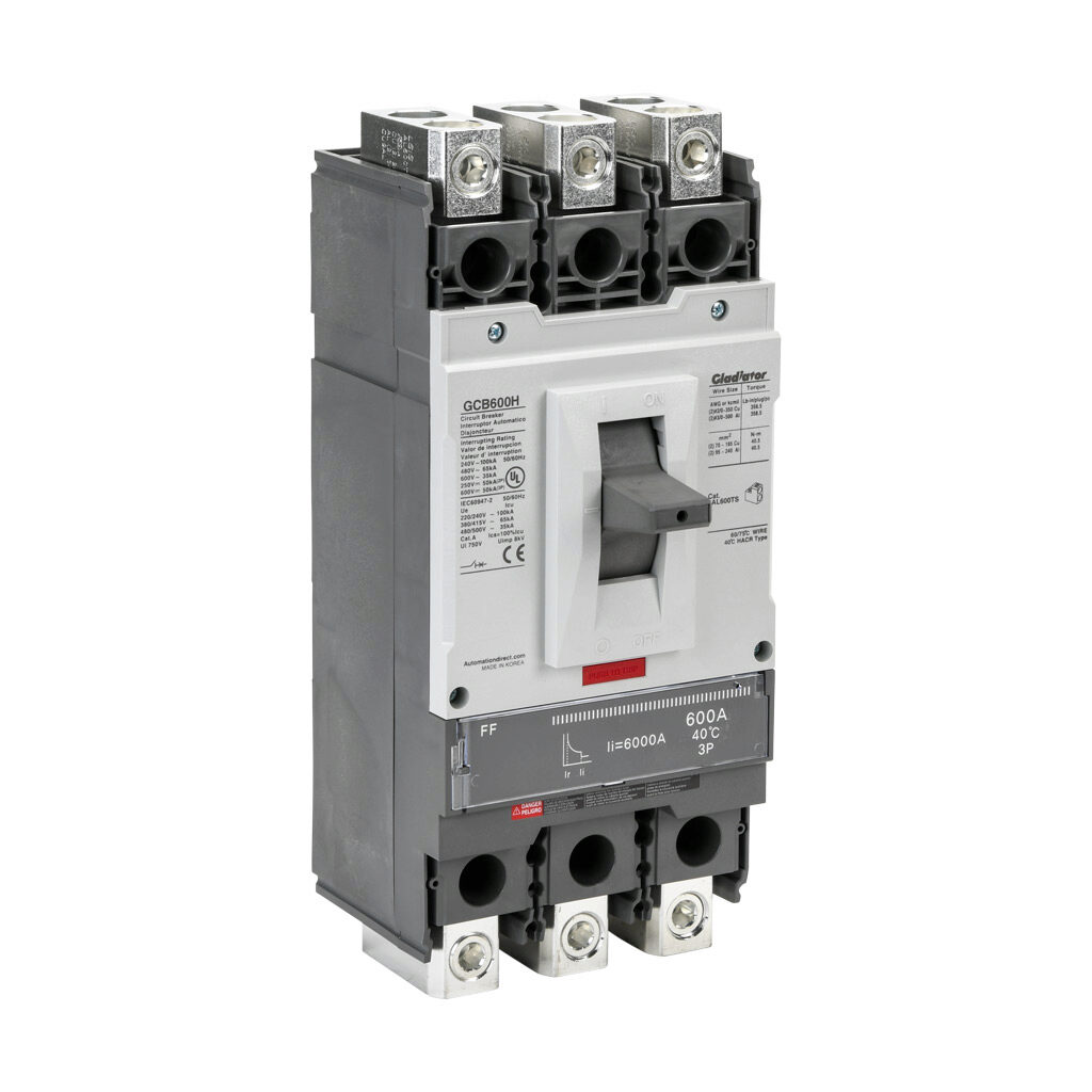 GCB600H-3FF600LL - Gladiator molded case circuit breaker, 600A frame, 600A, 600 VAC/VDC, 3-pole, characteristics, fixed thermal/fixed magnetic, 65kA @ 480 VAC interrupting rating, panel mount. Line and load lug terminals and terminal covers included.