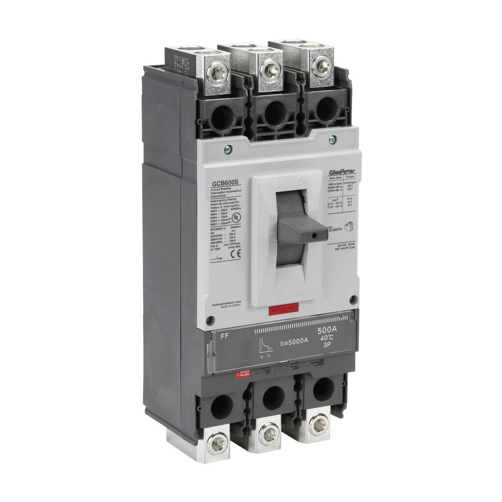 GCB600S-3FF500LL - Gladiator molded case circuit breaker, 600A frame, 500A, 600 VAC/VDC, 3-pole, characteristics, fixed thermal/fixed magnetic, 35kA @ 480 VAC interrupting rating, panel mount. Line and load lug terminals and terminal covers included.