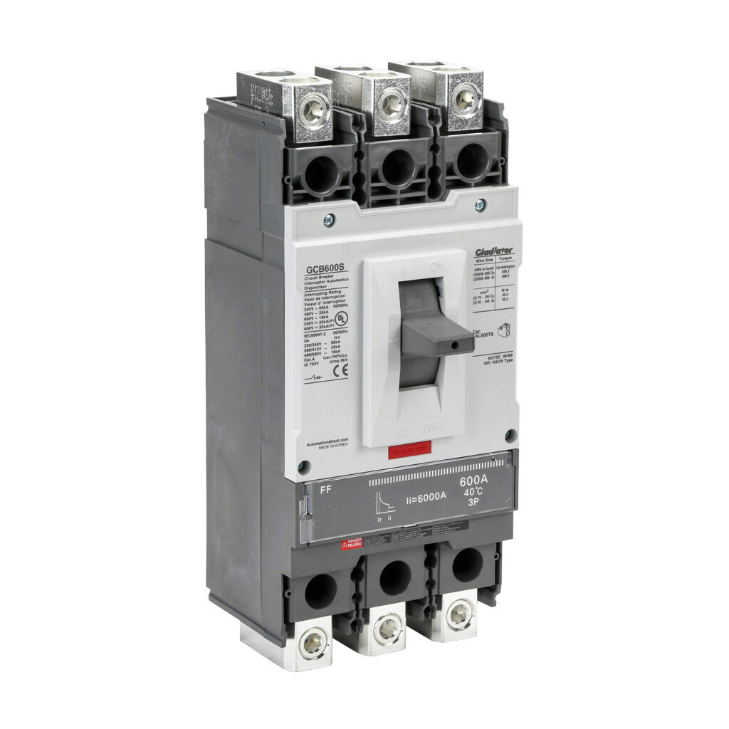 GCB600S-3FF600LL - Gladiator molded case circuit breaker, 600A frame, 600A, 600 VAC/VDC, 3-pole, characteristics, fixed thermal/fixed magnetic, 35kA @ 480 VAC interrupting rating, panel mount. Line and load lug terminals and terminal covers included.