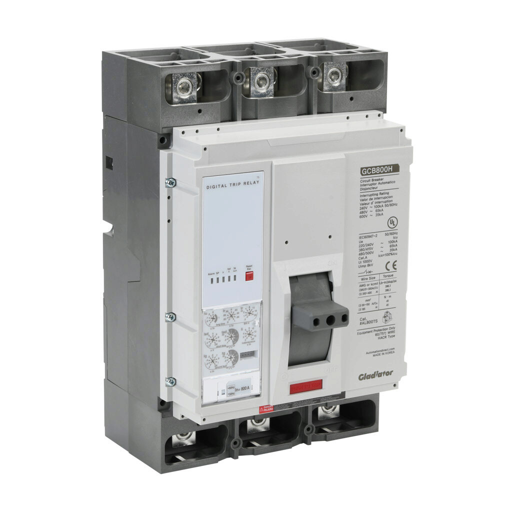 GCB800H-3ES800LL - Gladiator molded case circuit breaker, 800A frame, 800A, 600 VAC, 3-pole, characteristics, adjustable electronic, 65kA @ 480 VAC interrupting rating, panel mount. Line and load lug terminals and terminal covers included.