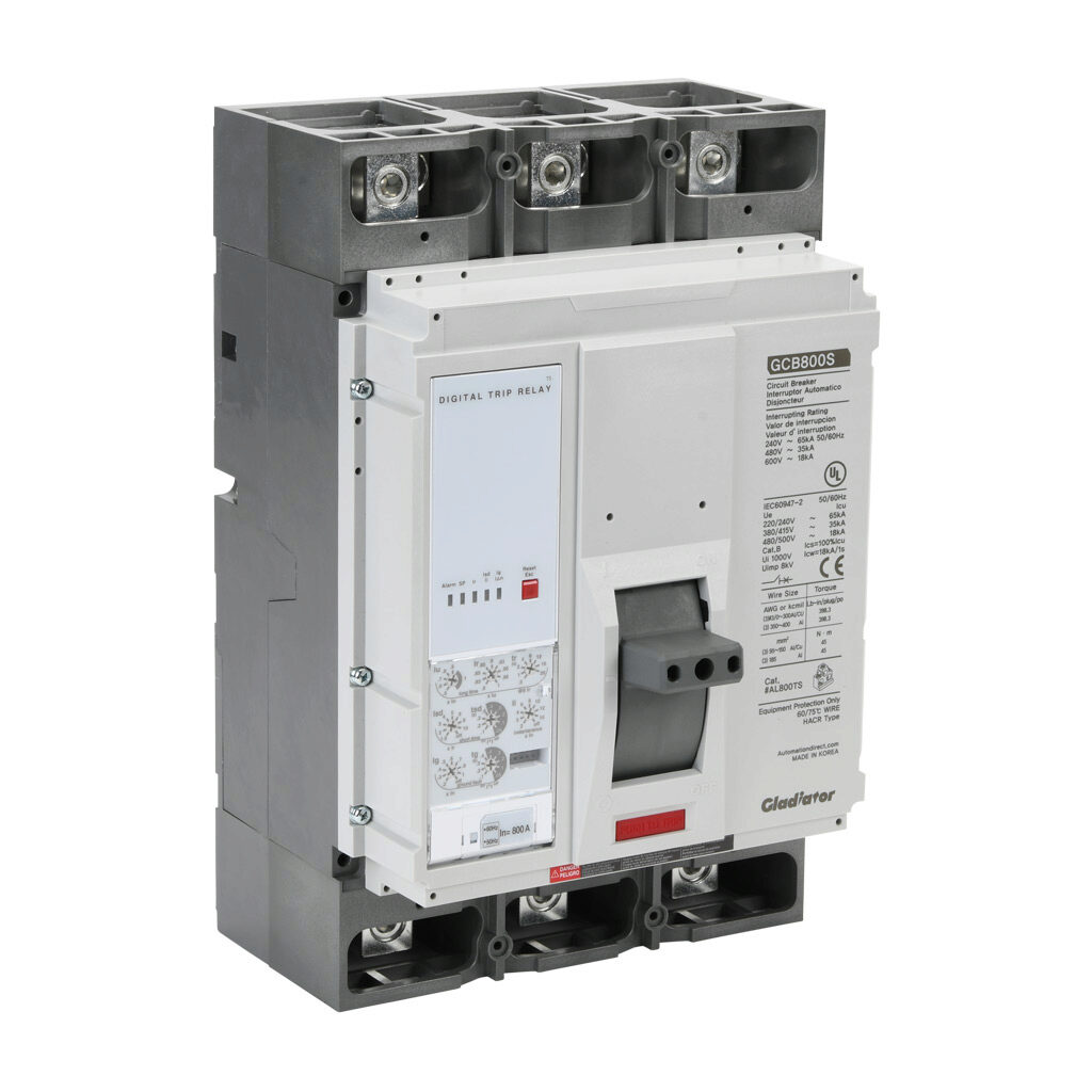 GCB800S-3ES800LL - Gladiator molded case circuit breaker, 800A frame, 800A, 600 VAC, 3-pole, characteristics, adjustable electronic, 35kA @ 480 VAC interrupting rating, panel mount. Line and load lug terminals and terminal covers included.