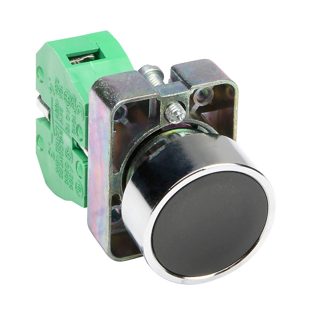 GCX1100 - AutomationDirect pushbutton, IP65, 22mm, momentary, (1) N.O. contact(s), metal base, metal bezel, Operator: black, flush, 30mm, round, plastic.
