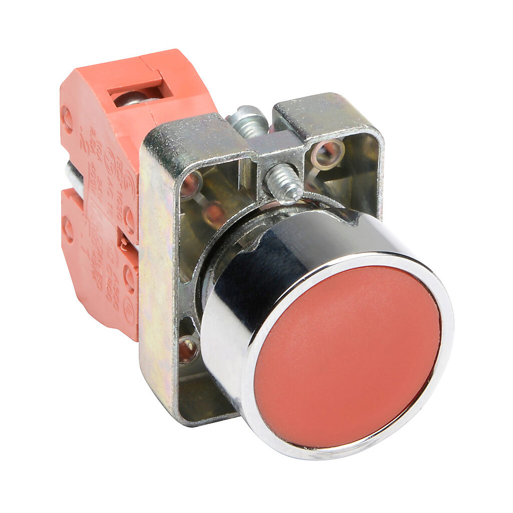 GCX1101 - AutomationDirect pushbutton, IP65, 22mm, momentary, (1) N.C. contact(s), metal base, metal bezel, Operator: red, flush, 30mm, round, plastic.