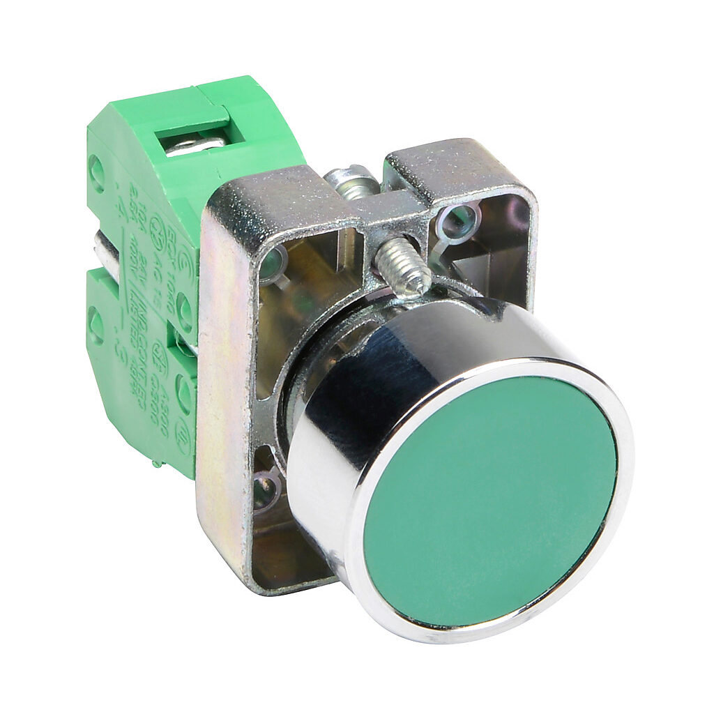 GCX1102 - AutomationDirect pushbutton, IP65, 22mm, momentary, (1) N.O. contact(s), metal base, metal bezel, Operator: green, flush, 30mm, round, plastic.