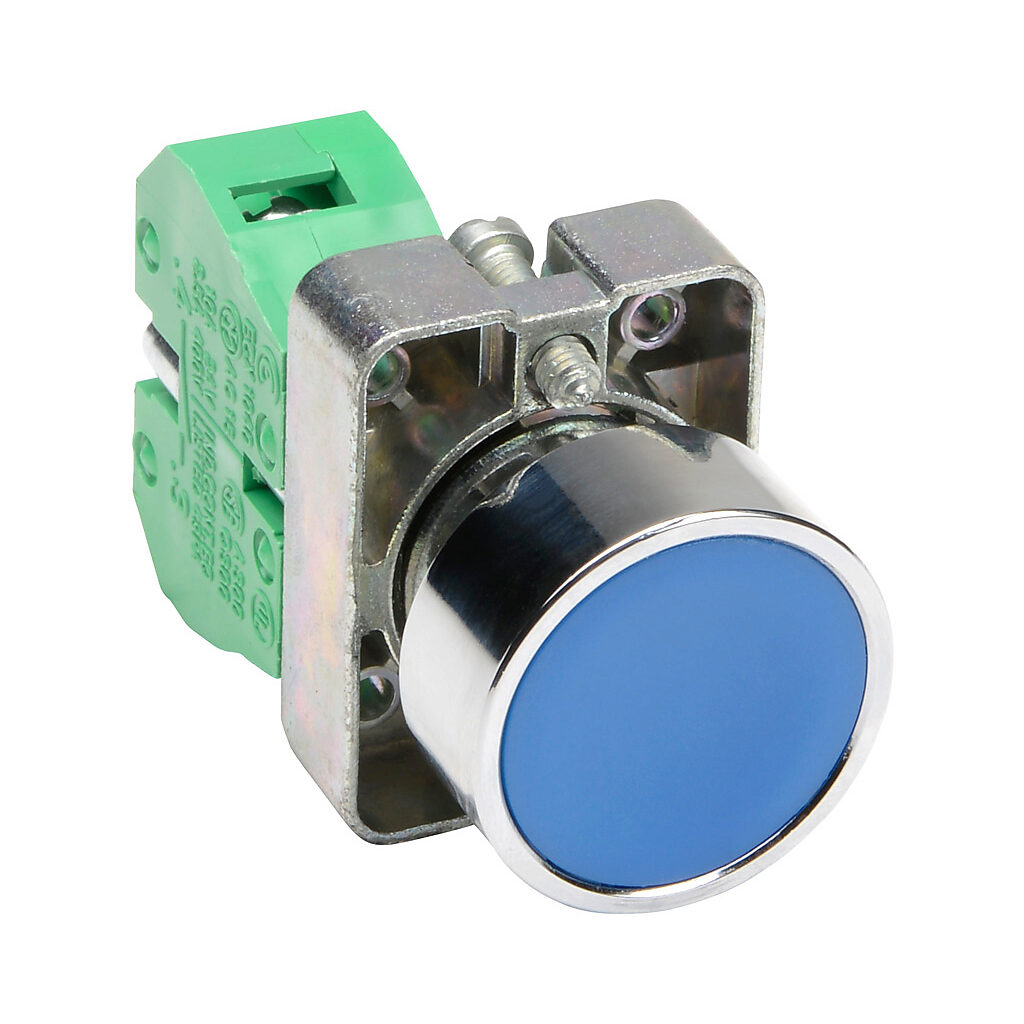 GCX1104 - AutomationDirect pushbutton, IP65, 22mm, momentary, (1) N.O. contact(s), metal base, metal bezel, Operator: blue, flush, 30mm, round, plastic.