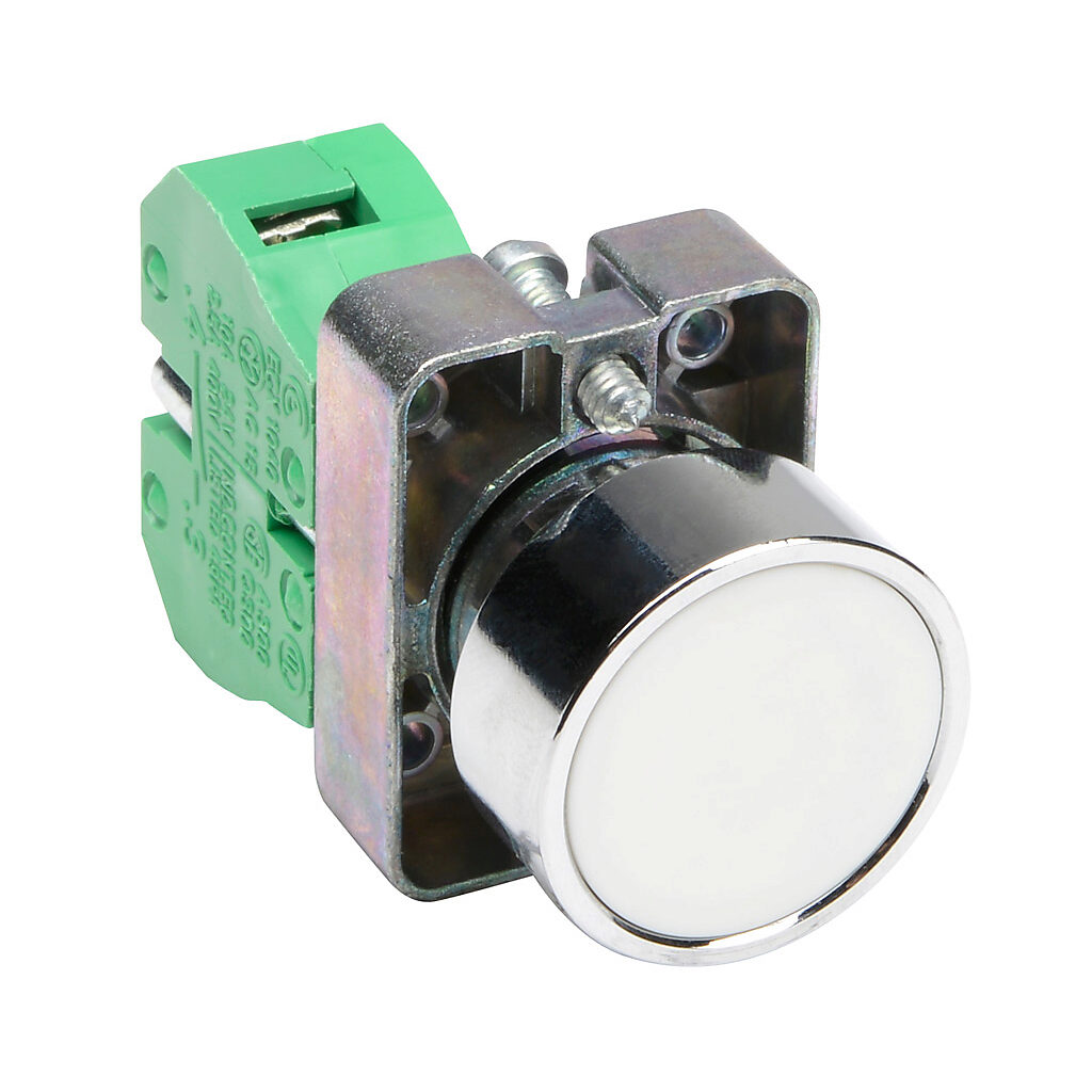 GCX1105 - AutomationDirect pushbutton, IP65, 22mm, momentary, (1) N.O. contact(s), metal base, metal bezel, Operator: white, flush, 30mm, round, plastic.