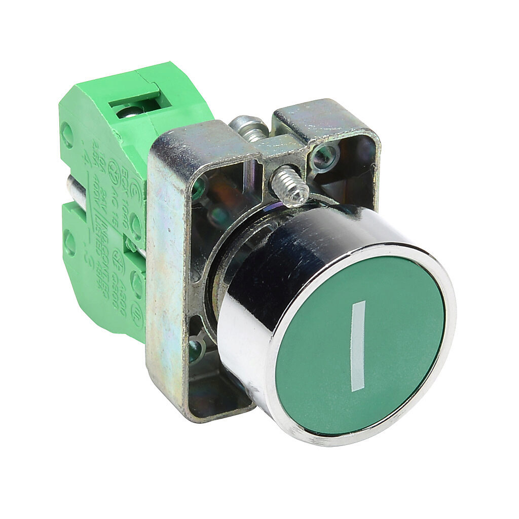 GCX1107 - AutomationDirect pushbutton, IP65, 22mm, momentary, (1) N.O. contact(s), metal base, metal bezel, Operator: green, flush, 30mm, round, plastic, operator text "(I)".