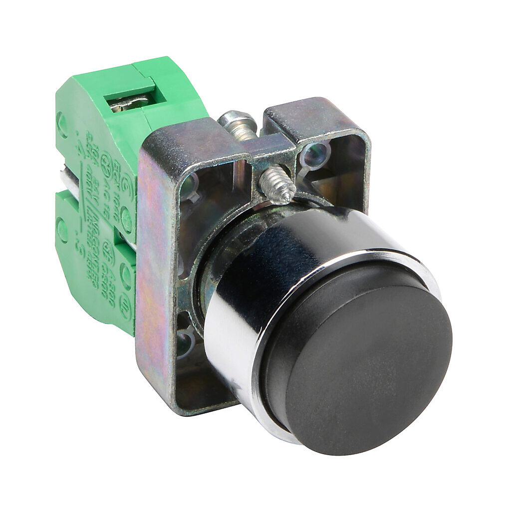 GCX1110 - AutomationDirect pushbutton, IP65, 22mm, momentary, (1) N.O. contact(s), metal base, metal bezel, Operator: black, extended, 30mm, round, plastic.