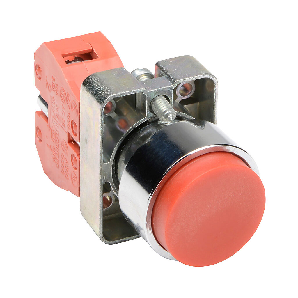 GCX1111 - AutomationDirect pushbutton, IP65, 22mm, momentary, (1) N.C. contact(s), metal base, metal bezel, Operator: red, extended, 30mm, round, plastic.
