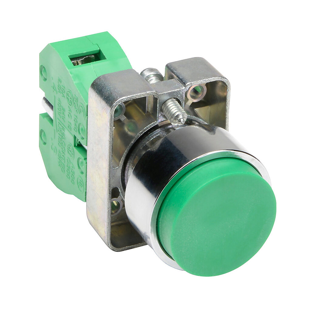 GCX1112 - AutomationDirect pushbutton, IP65, 22mm, momentary, (1) N.O. contact(s), metal base, metal bezel, Operator: green, extended, 30mm, round, plastic.