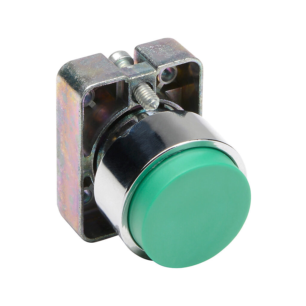 GCX1112-SC - AutomationDirect pushbutton, IP65, 22mm, momentary, operator only, metal base, metal bezel, Operator: green, extended, 30mm, round, plastic.