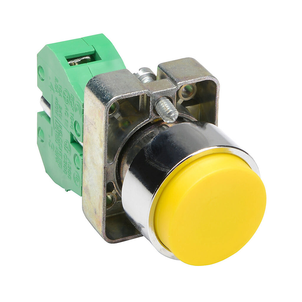 GCX1113 - AutomationDirect pushbutton, IP65, 22mm, momentary, (1) N.O. contact(s), metal base, metal bezel, Operator: yellow, extended, 30mm, round, plastic.