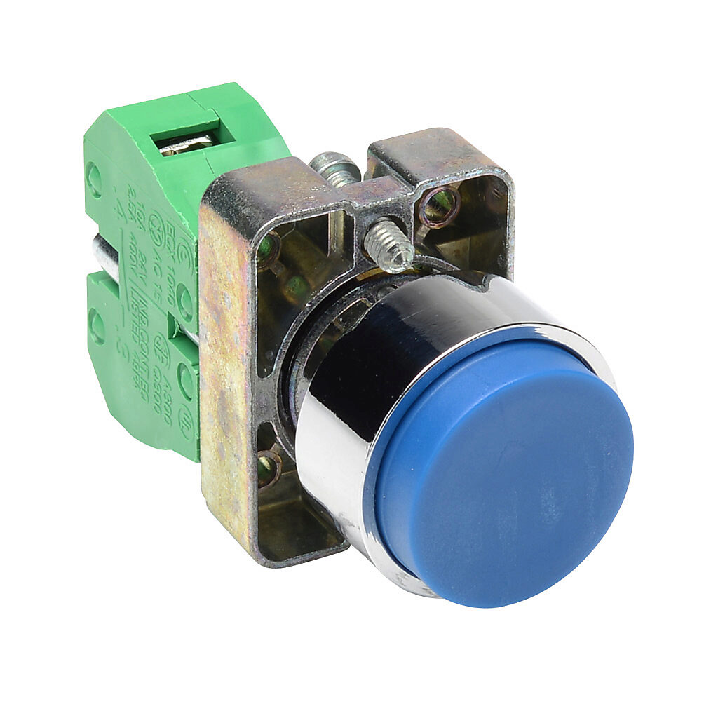 GCX1114 - AutomationDirect pushbutton, IP65, 22mm, momentary, (1) N.O. contact(s), metal base, metal bezel, Operator: blue, extended, 30mm, round, plastic.