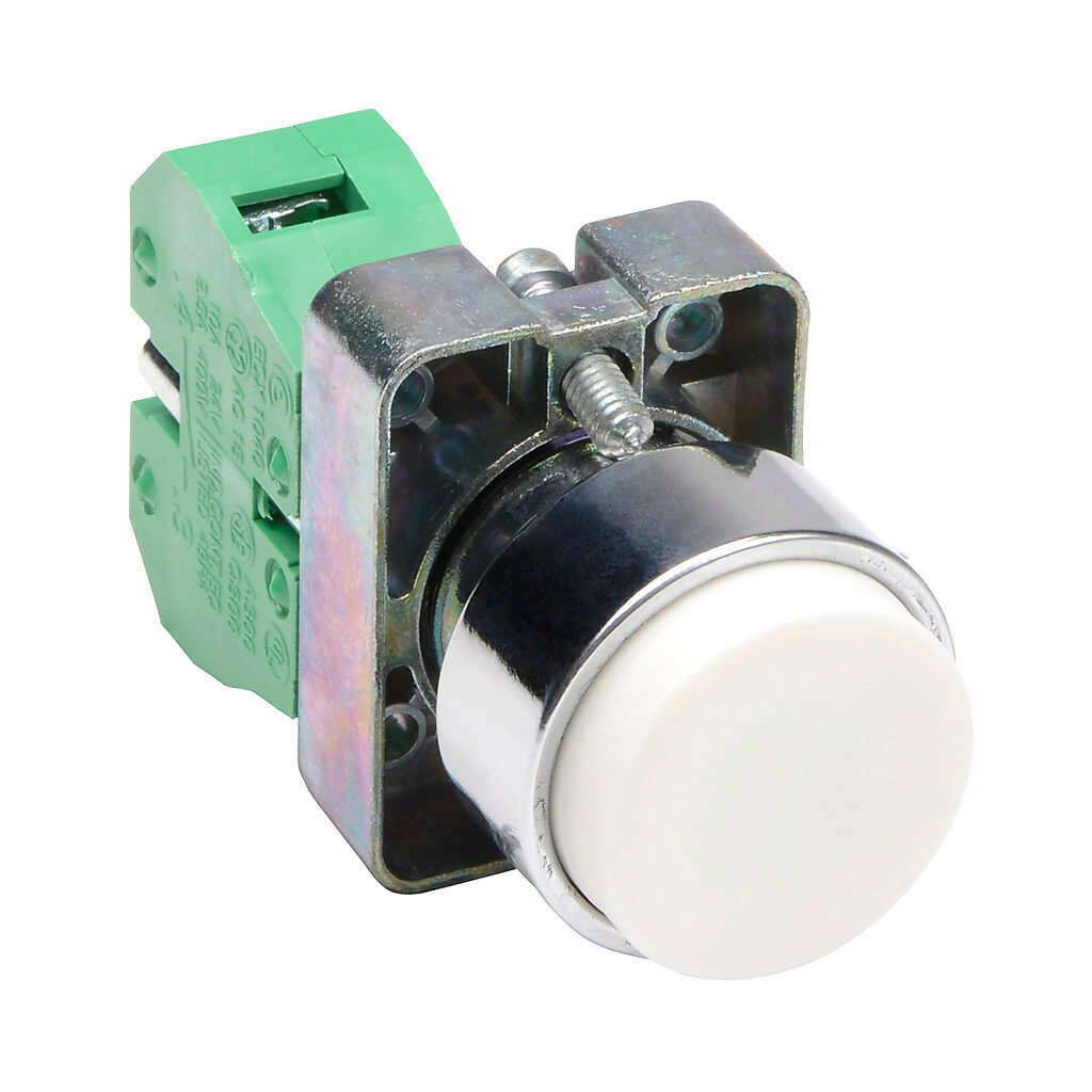 GCX1115 - AutomationDirect pushbutton, IP65, 22mm, momentary, (1) N.O. contact(s), metal base, metal bezel, Operator: white, extended, 30mm, round, plastic.