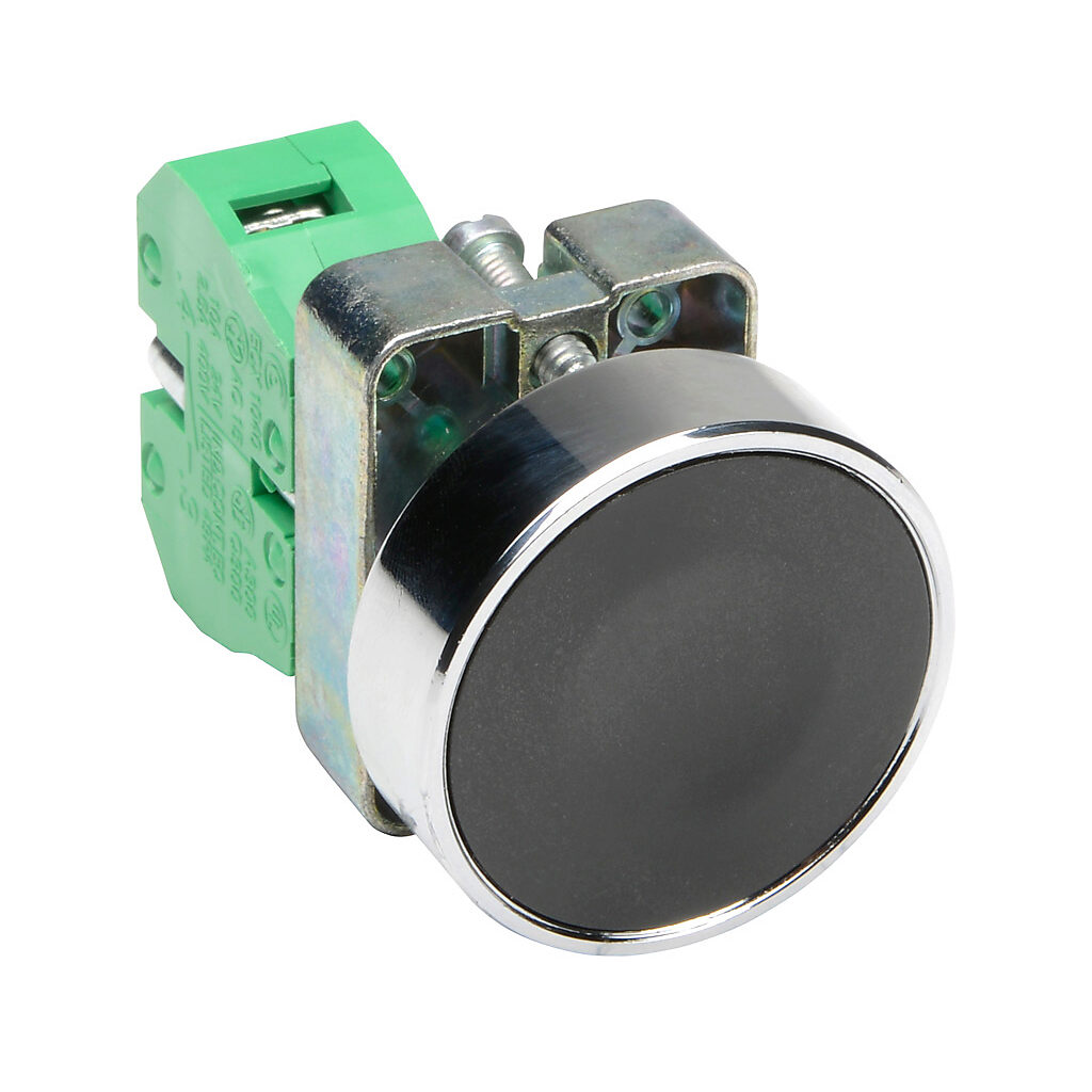 GCX1120 - AutomationDirect pushbutton, IP65, 22mm, momentary, (1) N.O. contact(s), metal base, metal bezel, Operator: black, flush, 40mm, round, plastic.