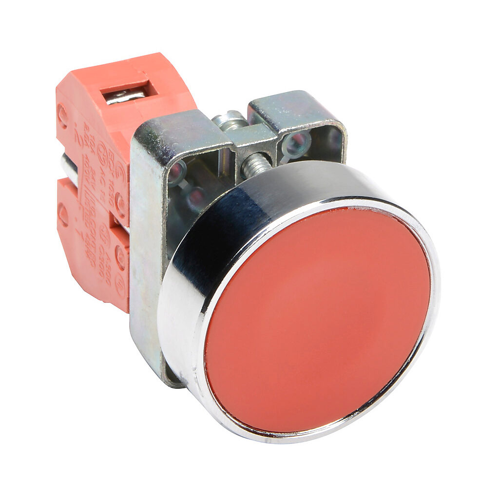 GCX1121 - AutomationDirect pushbutton, IP65, 22mm, momentary, (1) N.C. contact(s), metal base, metal bezel, Operator: red, flush, 40mm, round, plastic.