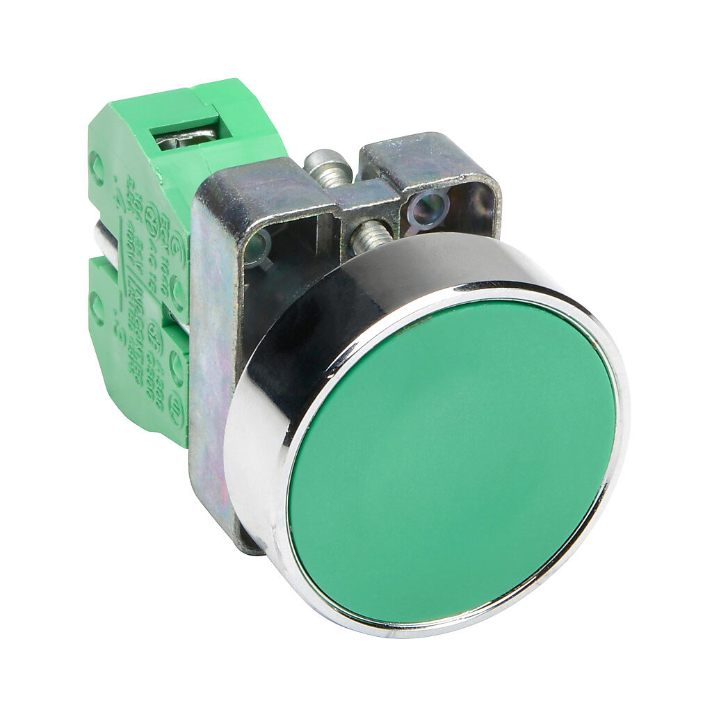 GCX1122 - AutomationDirect pushbutton, IP65, 22mm, momentary, (1) N.O. contact(s), metal base, metal bezel, Operator: green, flush, 40mm, round, plastic.