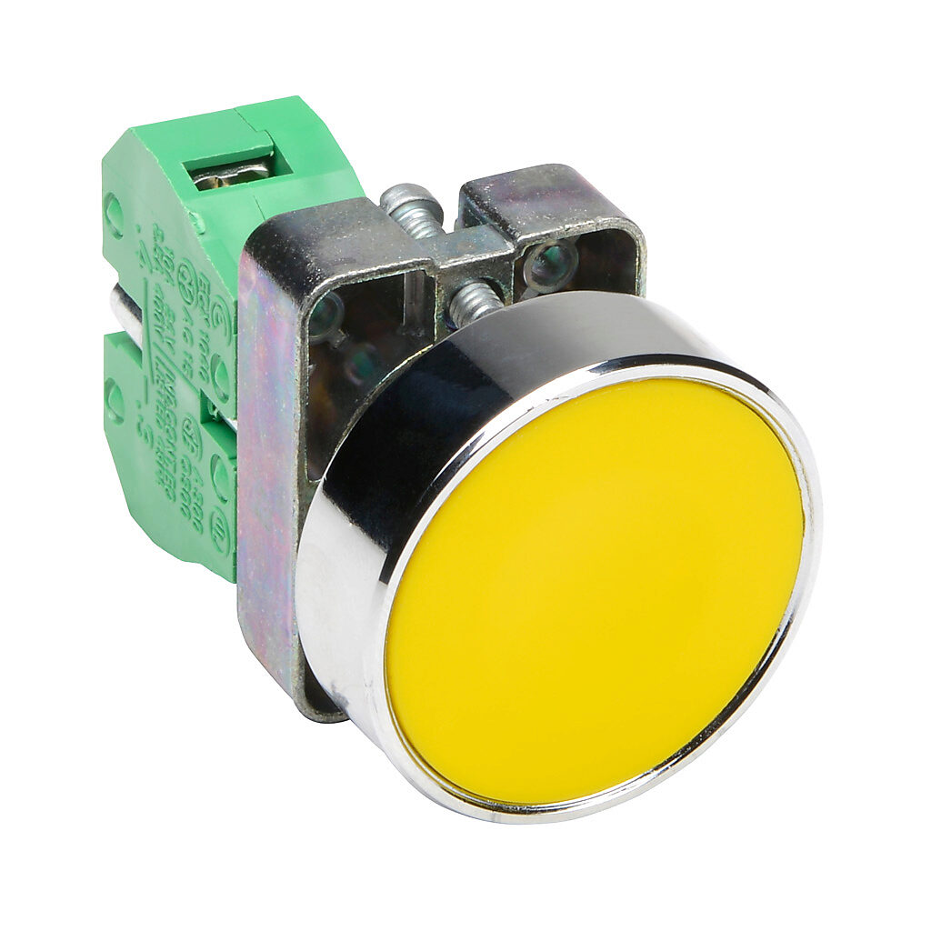 GCX1123 - AutomationDirect pushbutton, IP65, 22mm, momentary, (1) N.O. contact(s), metal base, metal bezel, Operator: yellow, flush, 40mm, round, plastic.