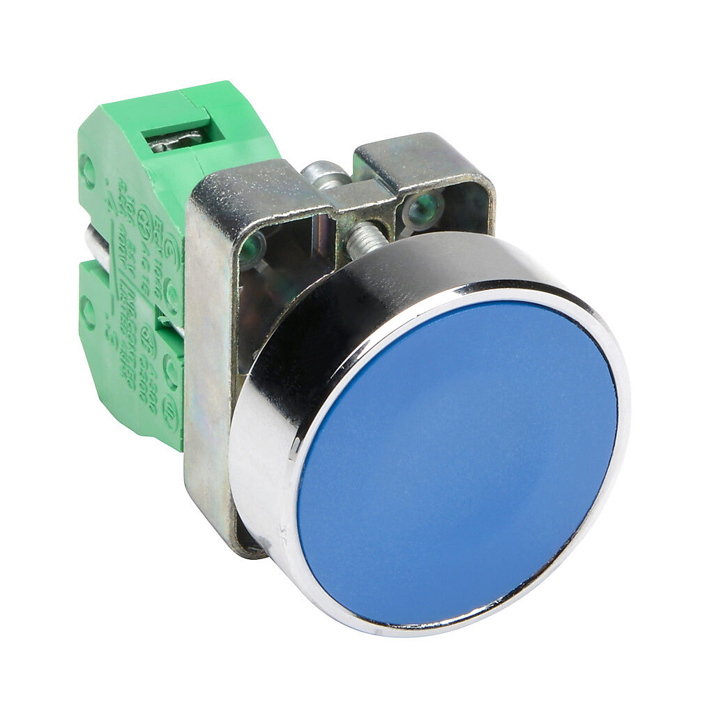 GCX1124 - AutomationDirect pushbutton, IP65, 22mm, momentary, (1) N.O. contact(s), metal base, metal bezel, Operator: blue, flush, 40mm, round, plastic.