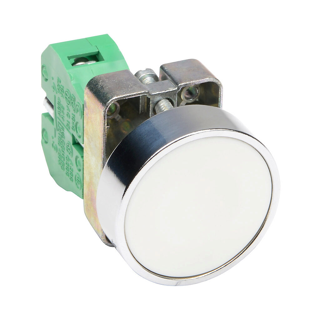 GCX1125 - AutomationDirect pushbutton, IP65, 22mm, momentary, (1) N.O. contact(s), metal base, metal bezel, Operator: white, flush, 40mm, round, plastic.