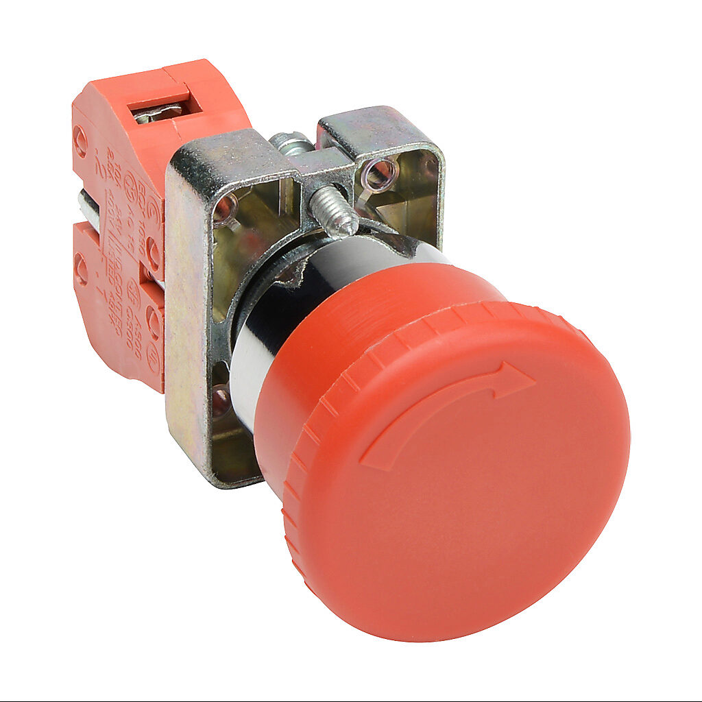 GCX1131 - AutomationDirect emergency stop pushbutton, IP65, 22mm, twist-to-release, (1) N.C. contact(s), metal base, metal bezel, Operator: red, mushroom, 40mm, round, plastic.