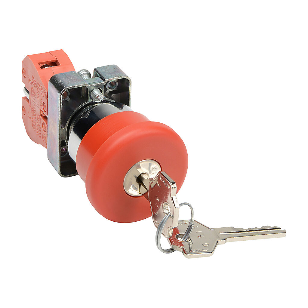GCX1141 - AutomationDirect emergency stop pushbutton, IP65, 22mm, key operated release, (1) N.C. contact(s), metal base, metal bezel, Operator: red, mushroom, 40mm, round, plastic.