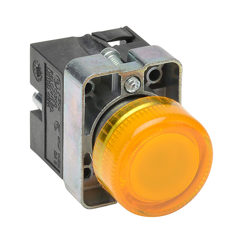 GCX1233-120L - AutomationDirect LED indicating light, permanent light function, IP65, 22mm, yellow, 30mm, round, metal base, 120 VAC/VDC, full voltage.