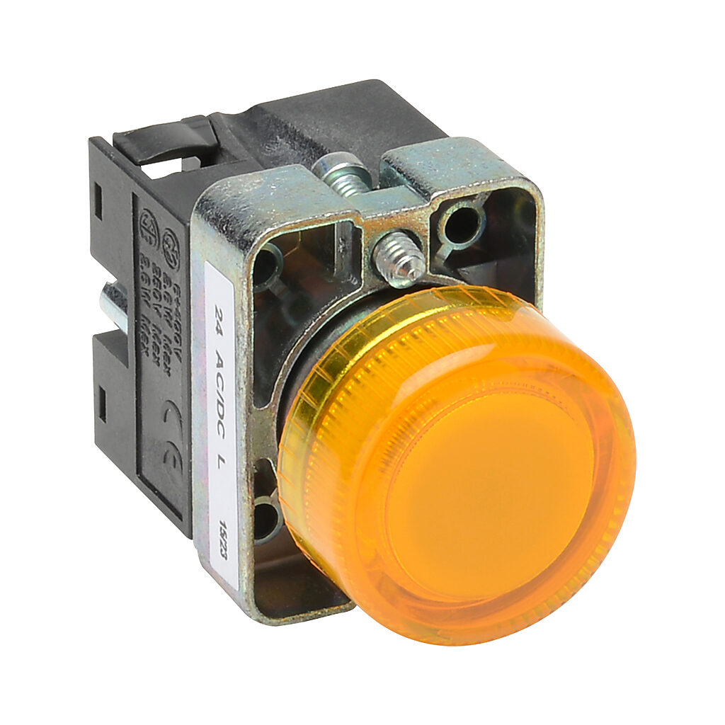 GCX1233-24L - AutomationDirect LED indicating light, permanent light function, IP65, 22mm, yellow, 30mm, round, metal base, 24 VAC/VDC, full voltage.