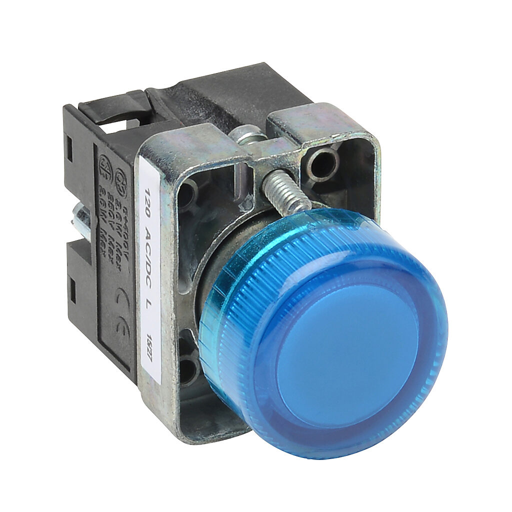 GCX1234-120L - AutomationDirect LED indicating light, permanent light function, IP65, 22mm, blue, 30mm, round, metal base, 120 VAC/VDC, full voltage.