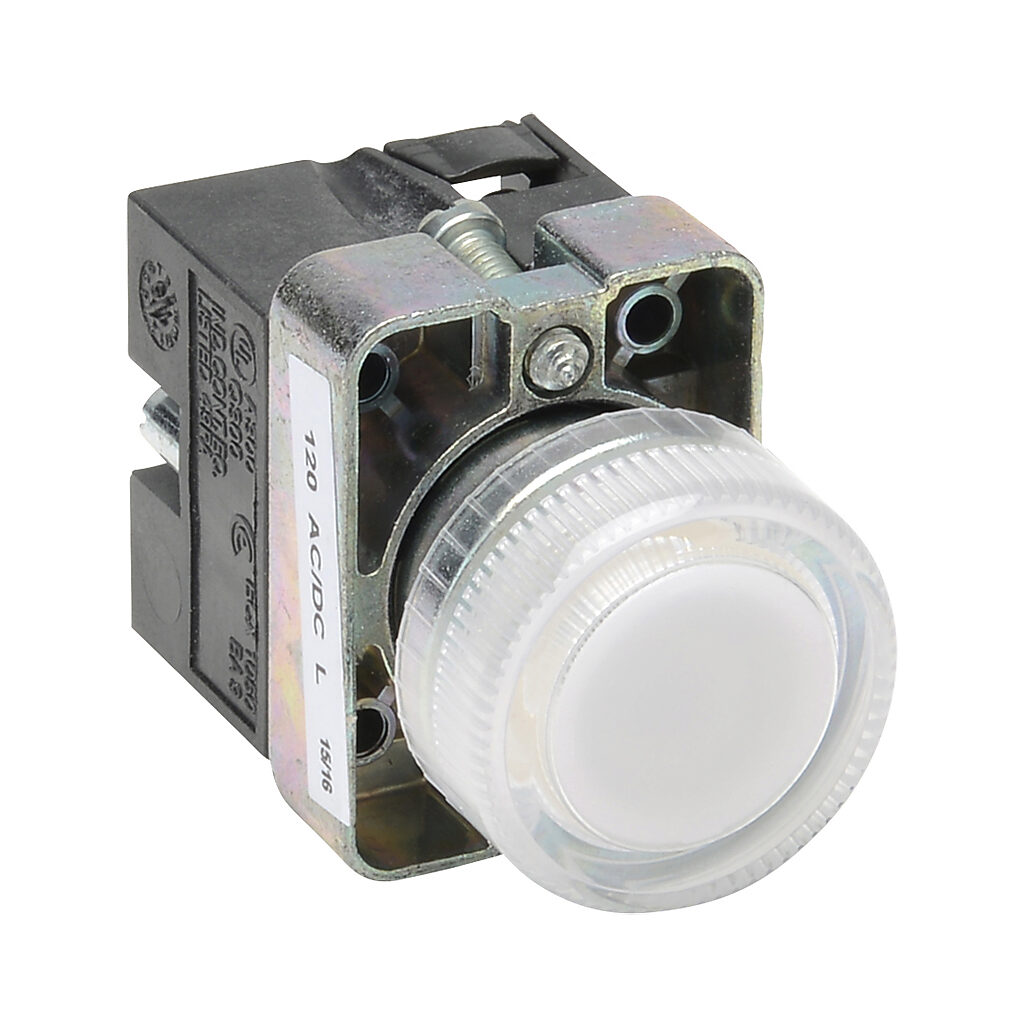 GCX1235-120L - AutomationDirect LED indicating light, permanent light function, IP65, 22mm, white, 30mm, round, metal base, 120 VAC/VDC, full voltage.