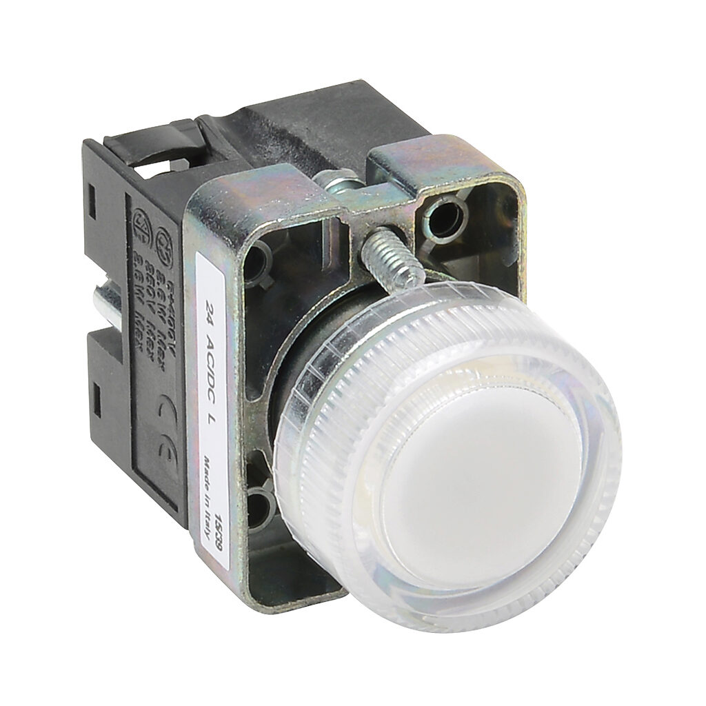 GCX1235-24L - AutomationDirect LED indicating light, permanent light function, IP65, 22mm, white, 30mm, round, metal base, 24 VAC/VDC, full voltage.