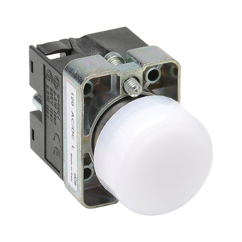 GCX1236-120L - AutomationDirect LED indicating light, permanent light function, IP65, 22mm, white, 30mm, round, metal base, 120 VAC/VDC, full voltage.