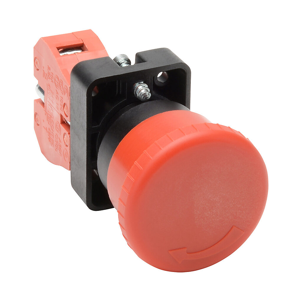 GCX3131 - AutomationDirect emergency stop pushbutton, IP65, 22mm, twist-to-release, (1) N.C. contact(s), plastic base, plastic bezel, Operator: red, mushroom, 40mm, round, plastic.