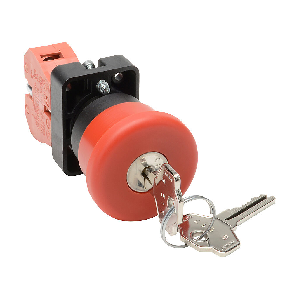GCX3141 - AutomationDirect emergency stop pushbutton, IP65, 22mm, key operated release, (1) N.C. contact(s), plastic base, plastic bezel, Operator: red, mushroom, 40mm, round, plastic.