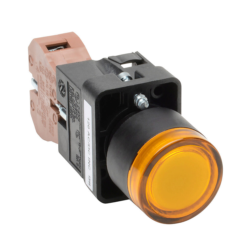 GCX3193-120 - AutomationDirect pushbutton, IP65, 22mm, push ON - push OFF, incandescent illuminated, (1) N.O. contact(s), plastic base, plastic bezel, plastic ring, Operator: yellow, flush, 30mm, round, plastic, 120 VAC/VDC, full voltage.