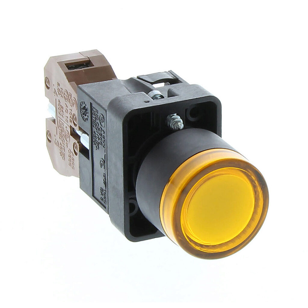 GCX3193-24 - AutomationDirect pushbutton, IP65, 22mm, push ON - push OFF, incandescent illuminated, (1) N.O. contact(s), plastic base, plastic bezel, plastic ring, Operator: yellow, flush, 30mm, round, plastic, 24 VAC/VDC, full voltage.
