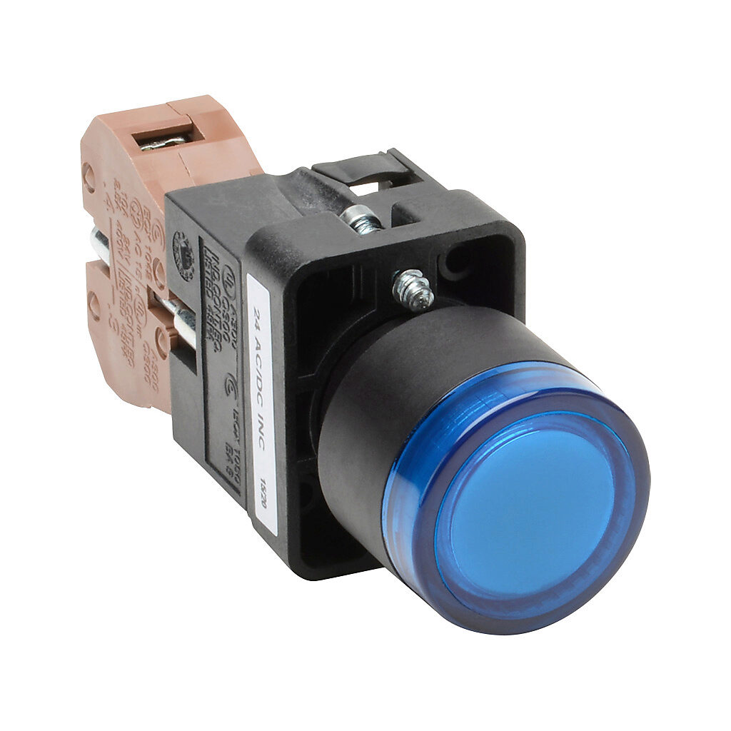 GCX3194-24 - AutomationDirect pushbutton, IP65, 22mm, push ON - push OFF, incandescent illuminated, (1) N.O. contact(s), plastic base, plastic bezel, plastic ring, Operator: blue, flush, 30mm, round, plastic, 24 VAC/VDC, full voltage.