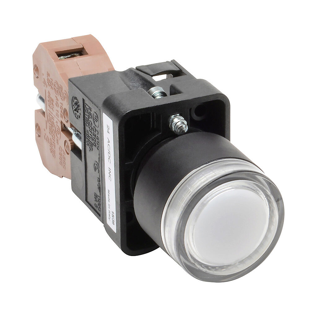 GCX3195-24 - AutomationDirect pushbutton, IP65, 22mm, push ON - push OFF, incandescent illuminated, (1) N.O. contact(s), plastic base, plastic bezel, plastic ring, Operator: clear, flush, 30mm, round, plastic, 24 VAC/VDC, full voltage.